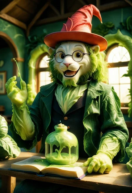 .
[number of people (e.g., 2men)] [(An anthropomorphic white crane bird looks out at an audience, while reading aloud from a magical book, solo, 1man, 80yo, open mouth, happy smile, purple and yellow magician old dusty outfit made of cabbages, black glasses, red hat:1.5)] BREAK [(An anthropomorphic white lion looks out at an audience, while reading aloud from a magical book, solo, 1man, 70yo, open mouth, happy smile, black and pink magician old dusty outfit made of cabbages, very small black round glasses, red hat:1.5)] BREAK [An opened impressive magic book, (book cover made of cabbages leafs, cabbage, cjdl:1.5), (leaking green fluo neon acid from inside to the outside, TOXNEO:2). (side view, 3/4:1.4), (focus on the book pages:2). Rays of light coming from inside the book.  The atmosphere is magical and dreamy. 
(In the foreground, we see a cabbage that transforms into a monster following a toxic liquid, TOXNEO.:2). Dusk, blue sky, orange rays of sun. dutch-angle, backlight, candlelight, (foreshortening, perspective:2).]