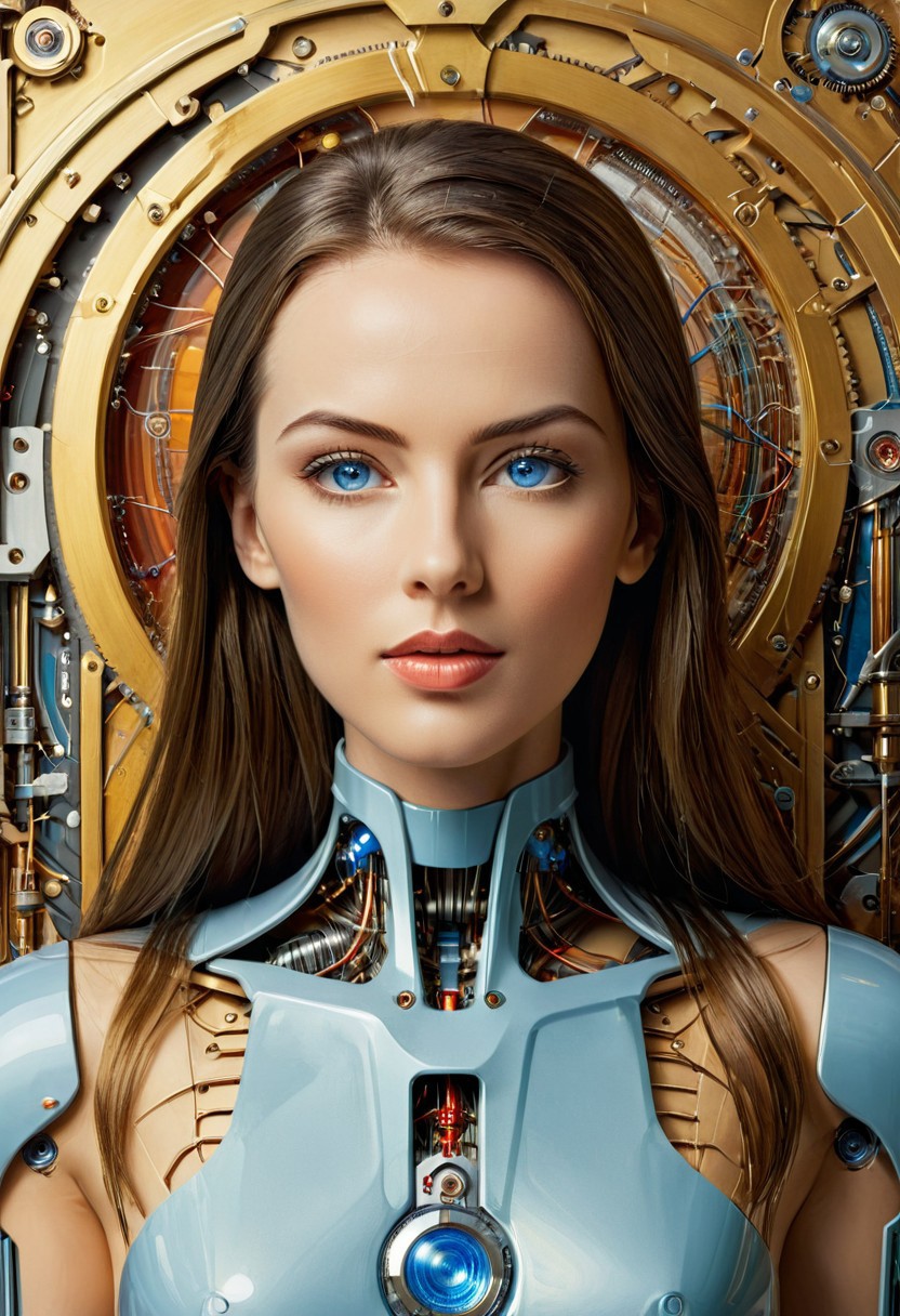 masterpiece, best quality, female standing, illustration, front view, 30 years old, beautiful, long hair, slender fit body, thin waist, long legs, tall height, very detailed face, perfect eyes, blue eyes, perfect lips, front towards viewer, direct gaze, the future, visible bone structure, schematic drawing, hybrid, android features, cyborg features, biomechanical, warm glow of vacuum tubes, transparent, cutaway view, golden light, schematic diagrams,