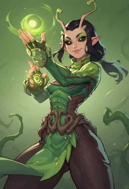 score_9, score_8_up, score_7_up, score_6_up, expressiveh, mantis_rivals, green details, 1girl, solo, black and green clothes, antennae, medium hair, ponytail, black hair, bodysuit, hand equipment, fingerless gloves, pointy ears, vines, nail polish, green nail polish, green sleeves, green cowl, black pants, makeup, black eyes, detailed background, dynamic pose, dynamic angle, black sclera, sexy expression, sexy thighs, narrow waist, green orb, green effects, green magic, smile, cowboy shot, dutch angle, vines, plants, <lora:Expressive_H:0.3> <lora:GLOSS:0.5> <lora:Lunas-NatTheLich-SDXL-C2:0.5> <lora:fishine_v22m:0.5> <lora:Mantis_Marvel_Rivals_-_PonyXL:0.6>