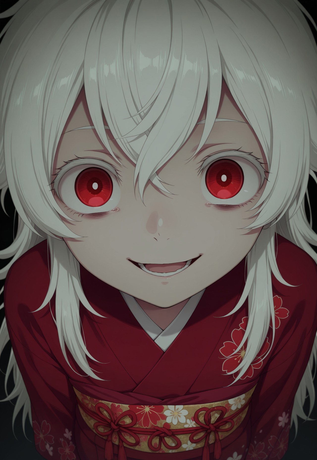 masterpiece, best quality, amazing quality, simple background, black background, horror \(theme\), dark, 

1girl, haine, white hair, long hair, red eyes, petite, red kimono, floral print obi, 

1girl, cowboy shot, from above, eye focus, fisheye, standing, head tilt, looking at viewer, crazy eyes, wide-eyed, empty eyes, dilated pupils, crazy smile, open mouth, arms at sides