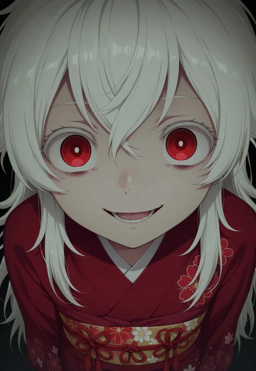 masterpiece, best quality, amazing quality, simple background, black background, horror \(theme\), dark,
1girl, haine, white hair, long hair, red eyes, petite, red kimono, floral print obi,
1girl, cowboy shot, from above, eye focus, fisheye, standing, head tilt, looking at viewer, crazy eyes, wide-eyed, empty eyes, dilated pupils, crazy smile, open mouth, arms at sides