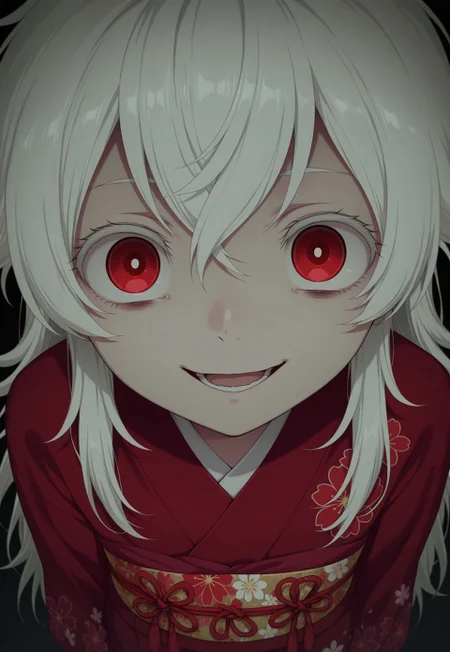 masterpiece, best quality, amazing quality, simple background, black background, horror \(theme\), dark,
1girl, haine, white hair, long hair, red eyes, petite, red kimono, floral print obi,
1girl, cowboy shot, from above, eye focus, fisheye, standing, head tilt, looking at viewer, crazy eyes, wide-eyed, empty eyes, dilated pupils, crazy smile, open mouth, arms at sides