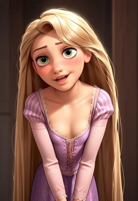 score_9, score_8, score_7, score_6, Rapunzel, 1girl, rating_explicit, Rapunzel, very long hair, loose dress, leaning forward, cleavage, flat chest, flat breasts, seductive eyes, shoulder exposed, seductive smile