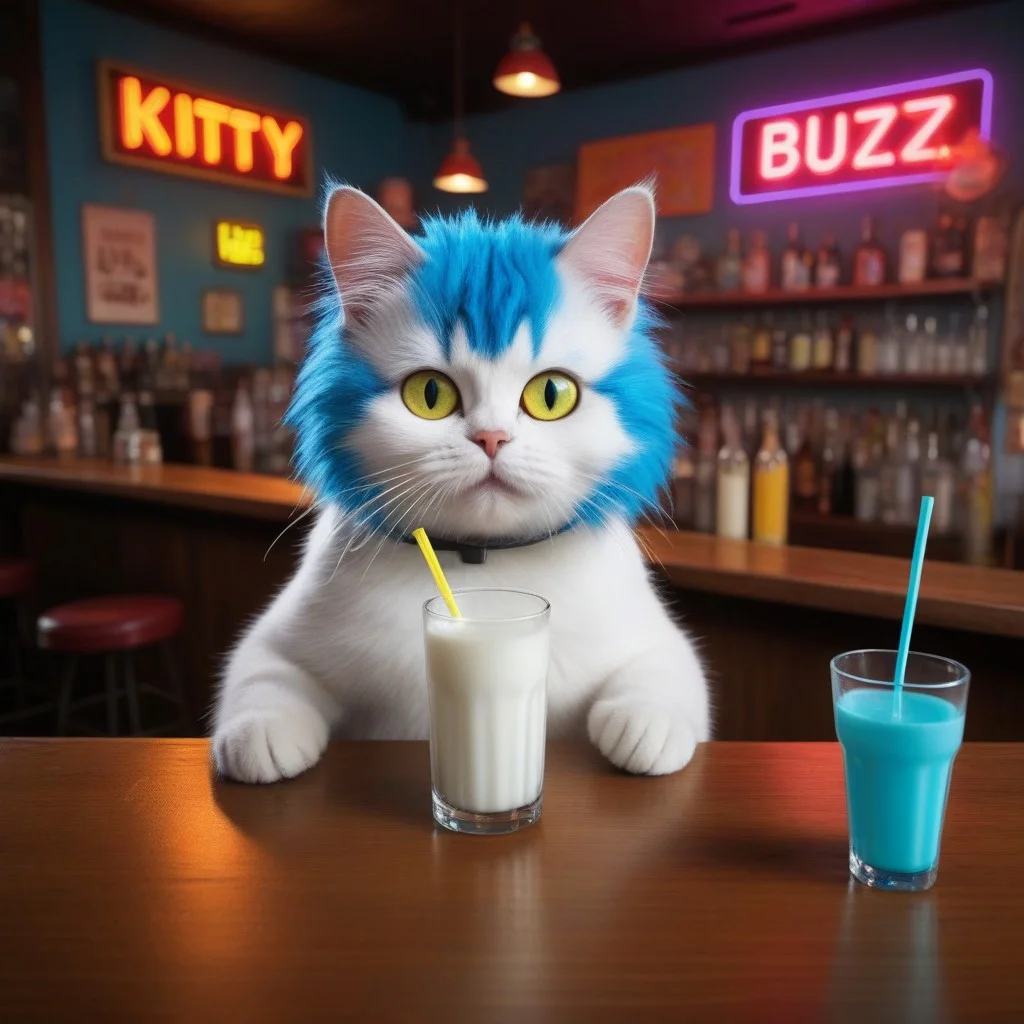 Prompt: Generate an image of a whimsical, cartoonish cat with electricified hair sticking up in all directions and exaggerated cross eyes, enjoying a sip of milk through a straw at a bar-style table. The milk cup has "buzz" written on it. The scene should be brightly lit with neon lights casting vibrant hues across the setting, creating a lively and slightly surreal atmosphere. Use a high-angle camera view, looking down at the table from above to emphasize the cat's unique perspective. The color scheme should be vivid and playful, with bold contrasts between the electric blue hair and the warm, wooden tones of the table and surrounding area. The background should feature a simple, yet intriguing bar counter with an array of colorful bottles and a retro neon sign that reads "Kitty Corner". Ensure the resolution is 1080p for crisp details and maintain an aspect ratio of 16:9 for optimal display. Keywords for image generation include: crazy cat, electric hair, cross eyes, drinking milk with a straw, bar table, neon lights, high-angle view, vivid color scheme, retro background.