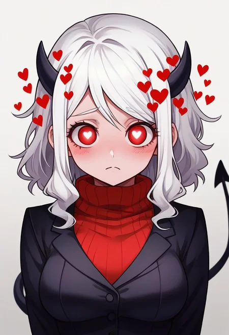 <lora:flattening-ponyxl-v1:1.3>, ,, Modeus_(Helltaker),horns, heart, demon girl, demon horns, heart-shaped pupils, symbol-shaped pupils, black horns, medium hair,demon tail, sweater, red sweater, tail, ribbed sweater, long sleeves, turtleneck, black jacket, formal, suit,, Anime eyes, anime face,<lora:add-detail-xl:0.7> <lora:xl_more_art-full_v1:0.1>