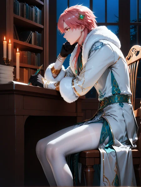 masterpiece, very aesthetic, best quality, amazing quality, solo, imtdkonghongjun, 1boy, male, jewelry, pink hair, long hair, earrings, yellow eyes, hair ornament, fur trim, long sleeves, long tunic, covered legs, white pantyhose, bangs, coat, gloves, gem, fit body, tunic, from side, thoughtful, with a pen in hand, writing pen, holding, looking away, serious, one hand on chin, head rest, in a bookcase, sitting, library background, night, candles, in front of a desk full of papers, desk, elegant setting, wooden chair, ornate chair
