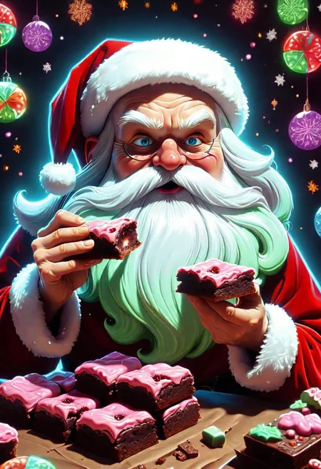 cute cartoon psychedlic santa claus eating some brownies detailed, sharp focus, DonMN30nChr1stGh0stsXL