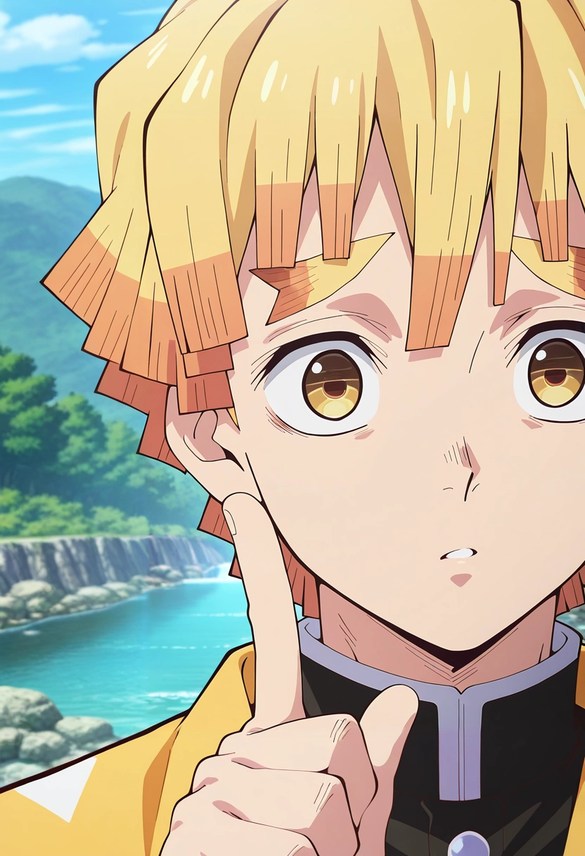 masterpiece, best quality, , anime screencap, anime coloring, official style, looking at viewer, , 1boy, solo, male focus, <lora:zenitsu_agatsuma_ilxl:0.96>, zenitsu_agatsuma, blonde hair, yellow eyes, short hair, bangs, close-up, river, day, index finger raised, distracted, aloof, oblivious,