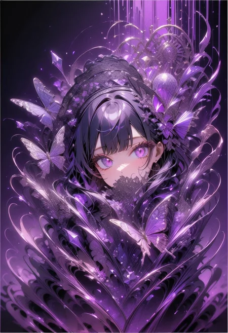 masterpiece, newest,absurdres,incredibly absurdres,1girl, solo, bug, butterfly, bangs, black hair, looking at viewer, long hair, blunt bangs, covered mouth, purple eyes, purple theme, eyelashes, flower, pink eyes, snowflakes,
dark_theme,abstract background, made of crystals,
depth of field,white sphere on the background,usnr