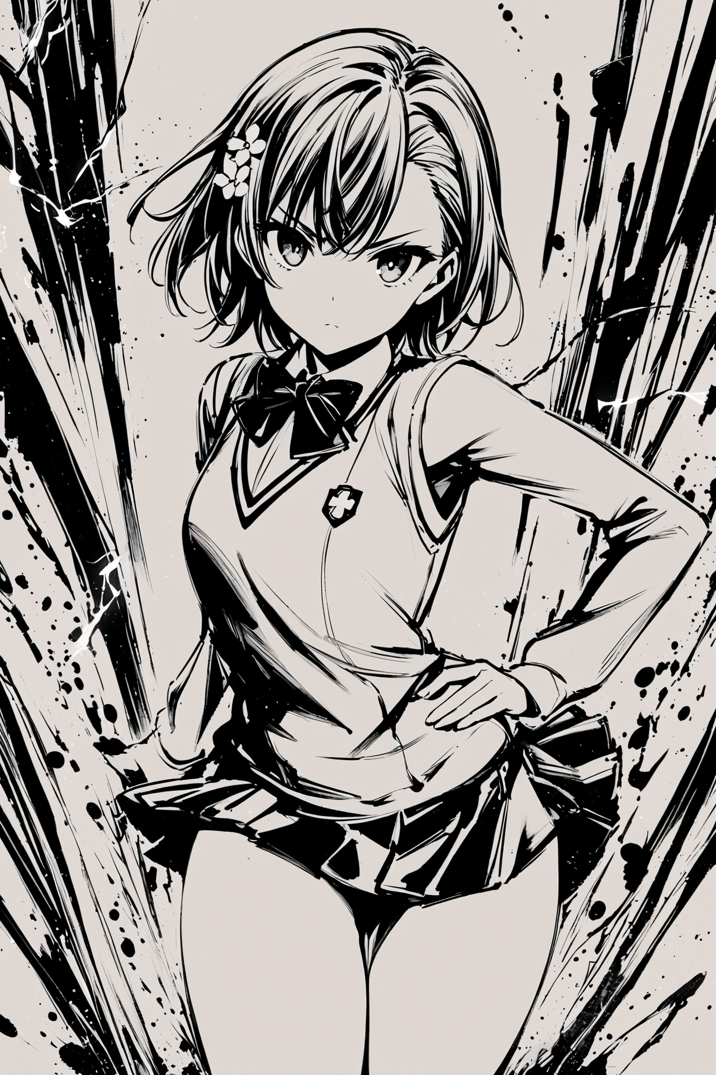 score_9,score_8_up,score_7_up,masterpiece,best quality,
monochrome,greyscale,1girl,misaka mikoto,skirt,solo,hair ornament,bow,pleated skirt,looking at viewer,short hair,hand on hip,bowtie,school uniform,tokiwadai school uniform,electricity,long sleeves,bangs,shirt,cowboy shot,closed mouth,hair flower,sweater vest,electrokinesis,black bow,black bowtie,thighs,
<lora:okazu_XL_PONY:0.9>,