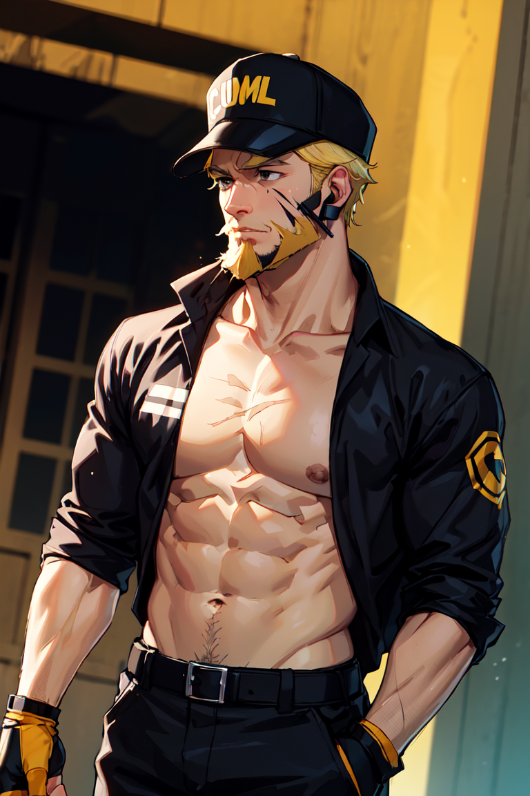 solo male, Killer T Cell \(Cells at Work\), tan skin, blond hair, black eyes, facial hair, beard, scar on face, uniform, black shirt, open shirt, open clothes, bare chest, black pants, black cap, earpiece, fingerless gloves, boots, mature, handsome, charming, alluring, standing, upper body, perfect anatomy, perfect proportions, best quality, masterpiece, high_resolution, dutch angle, cowboy shot, photo background<lora:EMS-353608-EMS:0.800000>