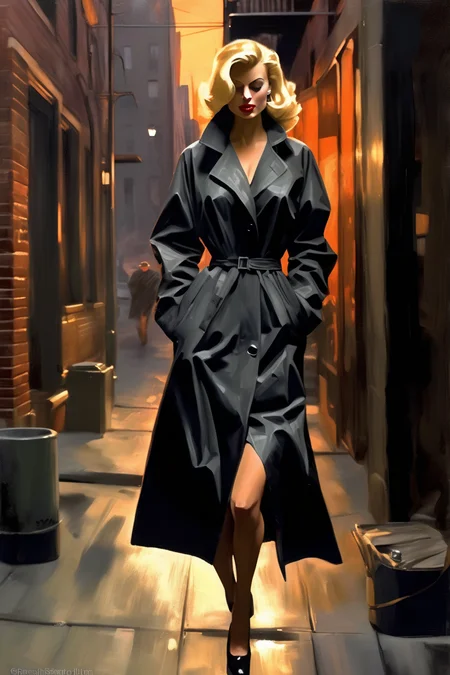 <lora:Ben Aronson Style:1>Ben Aronson Style - painterly illustration of a blonde hair woman with a misterious look as a spy from 1940. long smoking cigarillo on right hand and high blach styletto shoes. Large open raincoat. running desperate in New York alley at sunset. detailled and realist. full body view