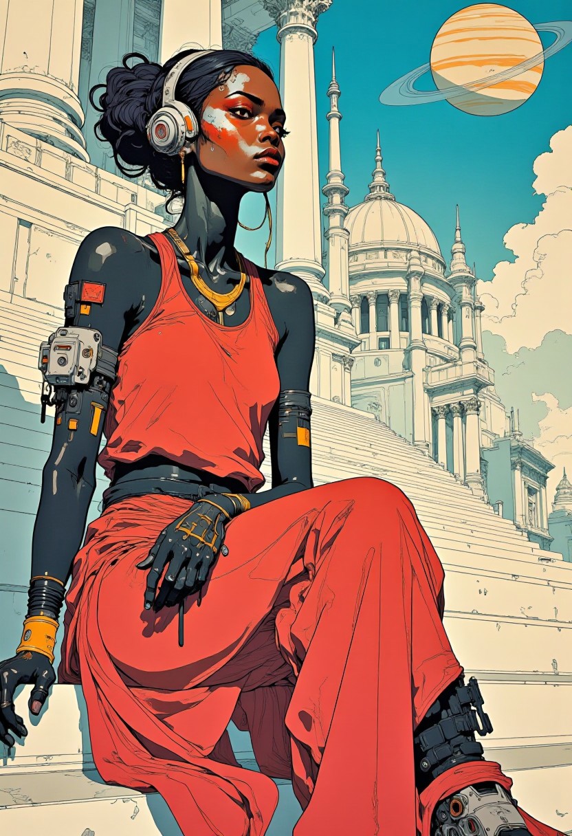 A modern African woman wearing a (modest:1.00) red outfit, sits on the temple steps, African tribal elements combined with futuristic elements, saturn in the sky, intricate detail, post-apocalyptic elements, cyberpunk