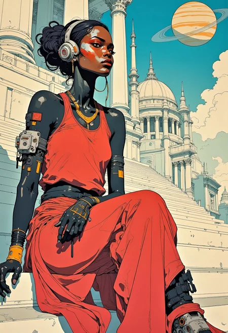 A modern African woman wearing a (modest:1.00) red outfit, sits on the temple steps, African tribal elements combined with futuristic elements, saturn in the sky, intricate detail, post-apocalyptic elements, cyberpunk