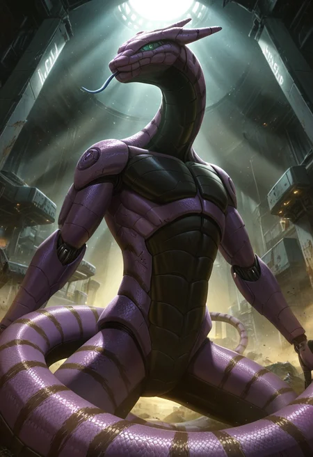 DonMX3n0T3chXL, anthropomorphic_snakes_(naga), futuristic robot snake, fully metal snake, mecha snake, giant mech robot snake, standing tall, Naruto_Manda, snake, slit pupils, green eyes, purple body, body markings, black eye markings, 2 pair of horns, black belly scales, blue tongue, forked tongue, low angle, dramatic lighting, volumetric lighting, ruined city background, detailed background, ruined sky scrapers in background, destroyed city background,