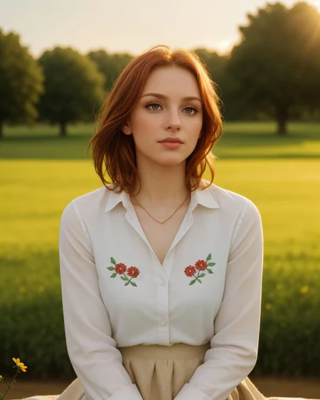 superbloom scenery, 24yo attractive irish redhead, (striking eyes with full limbal ring visible, piercing gaze with prominent limbal rings, large expressive eyes with sharp limbal rings, intense wide eyed stare at viewer:1.4), wide cinematic establishing shot seductive young woman sitting having picnic under tree, (bra strap, cleavage,  young adult irish redhead:1.25), (style of Alessio Albi:1.4), Realist Portraiture, Soft Lighting, Emotional Depth, Simple Compositions, (Layered Depth, Soft focus foreground, Painted Scenery:1.1), alluring feminine physique, short backlit hair, perfect face, thin upper lip, pouting lower lip, thin brows, small upturned nose, bow-shaped lips, Raised Eyebrows, Focused Gaze, eager expression, quaint farm setting, (relaxed country woman), (tight unbuttoned shirt, thin material), subsurface scattering, classic cotton, soft pastel, intricate embroidery collar cuffs, rolled-up sleeves revealing sun-kissed forearms BREAK (blanket:1.15), rich textures, patchwork design, vibrant colors, detailed stitching, homely aesthetic (skirt), elegant rustic charm, subtle floral pattern, linen, sways breeze BREAK ((wildflower wreath)), crown delicate chain necklace, small, intricate pendant, heart-shaped with floral theme, glowing subtly in the soft light, ethereal quality, [lens flare glinting], (mischievous yet content expression), lush green fields in the background, (soft, sunlit ambiance), simple leather boots, carefree hair  <lora:kodak_ultramax_400:0.8> golden hour, soft golden light, pastel sky, relaxed posture, natural smile, earthy colors, candid moment, trees and flowers in background, leading lines, depth of field, slightly off-center framing, warm tones, cinematic look, natural setting, editorial style, soft textures, subtle lighting, peaceful mood