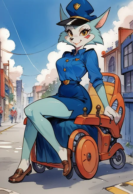 score_9, score_8_up, score_7_up, score_6_up, score_5_up, score_4_up, masterpiece, perfect face, perfect hands, high quality, source_cartoon, watercolor \(medium\), traditional media, merustyle, dynamic pose, side view, furry, carmen_patrol_03, carmen_fox, young adult, blue fox, 6 heads tall, fox girl, furry, yellow eyes , medium perky breast, thin waist, cute, detailed face, smiling, Police uniform, blue hat, mini skirt, bare legs, loafers, looking viewer,
Powered Wheelchair, cyberpunk style wheel chair, mechanical parts, robot manipulator with wheelchair, carmen sitting wheelchair