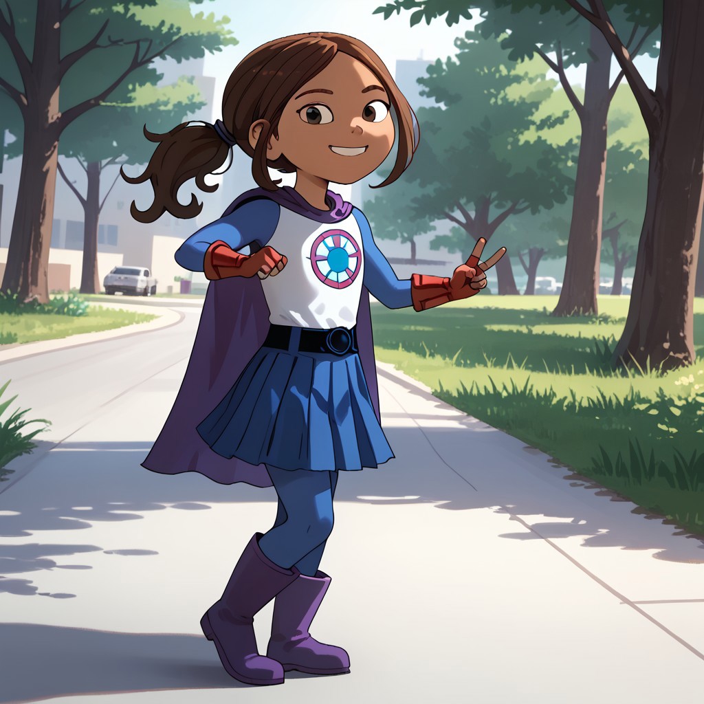 score_9, score_8, score_7, break, solo, female child, lucita_s, 1girl, dark skin, brown hair, ponytail, superhero, pleated skirt, cape, fingerless gloves, boots, smile, v, tree, natural lighting