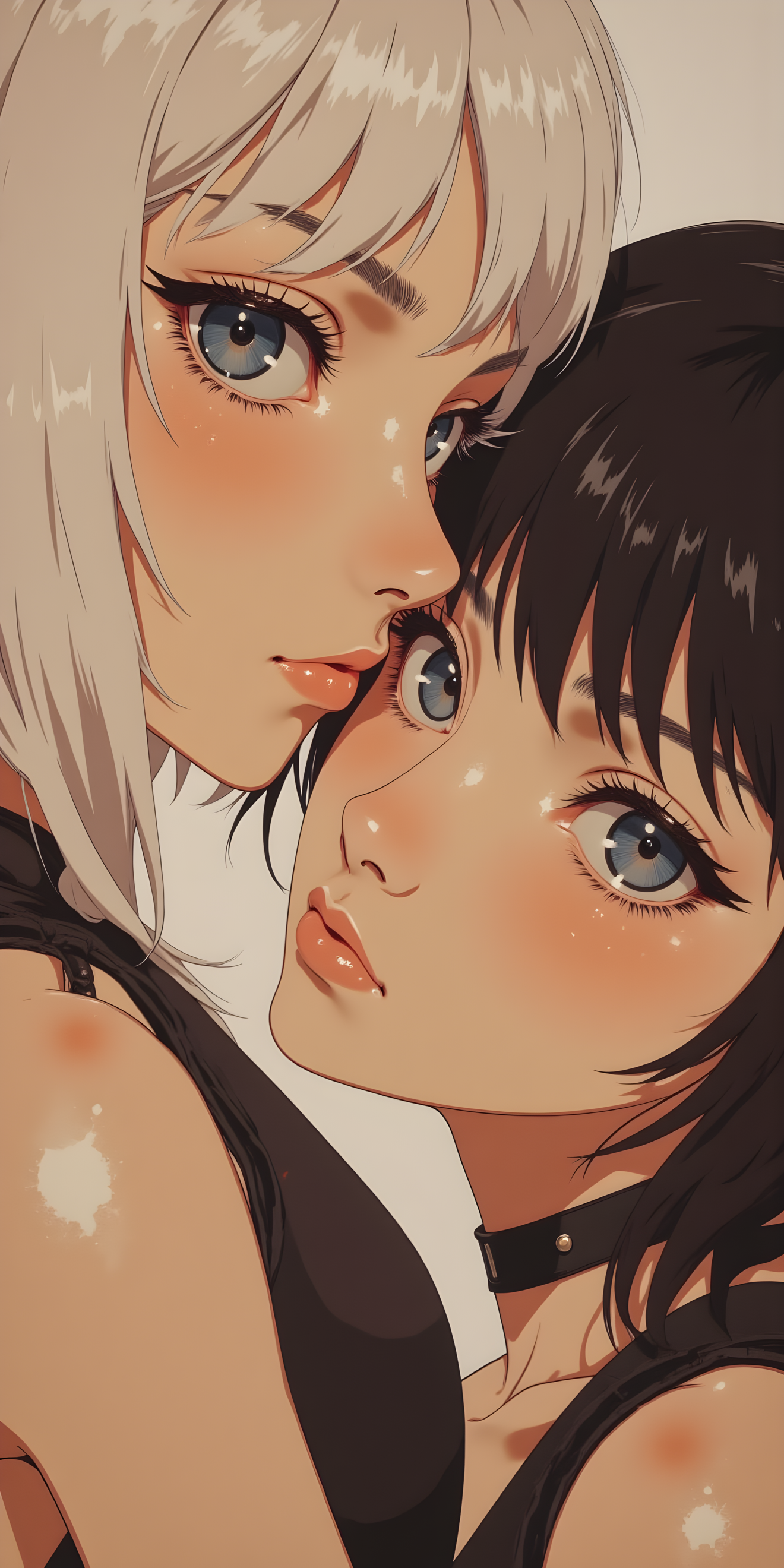 A highly detailed and striking illustration of two individuals with distinct and contrasting appearances. The person on the left has long, straight white hair with bangs that partially cover their forehead. They have large, expressive blue eyes and are wearing a black top with thin straps, which adds to the overall sense of style and elegance.
The person on the right has short, dark hair styled in a bob cut, with some strands falling loosely around their face. They also have large, expressive blue eyes and are wearing a black choker necklace, which complements their outfit. Their expression is neutral, with a slight hint of intensity or contemplation.
The lighting in the image is soft and even, highlighting the texture of the individuals' skin and the details of their hair and clothing. The background is plain and out of focus, ensuring that the attention remains on the subjects.
Overall, this illustration captures a moment of quiet beauty and contrast, with the combination of the individuals' attire, the soft lighting, and the detailed rendering creating a visually engaging and memorable scene. The use of color and composition adds depth and character to the artwork, making it a powerful and evocative piece.
BREAK j_art, anime, anime art, <lora:FLUX\jul\J_Anime:1.0>
