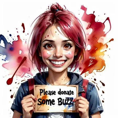 xslx, subversive watercolor painting, female smiling face with a sign that says "Please donate some buzz" <lora:buzz-text:.8>