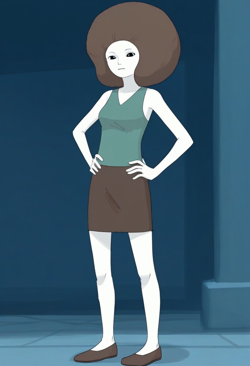 1girl, solo, crystal_peppers, brown afro, white skin, green top, brown miniskirt, brown flats, standing, hands on hips, looking at viewer