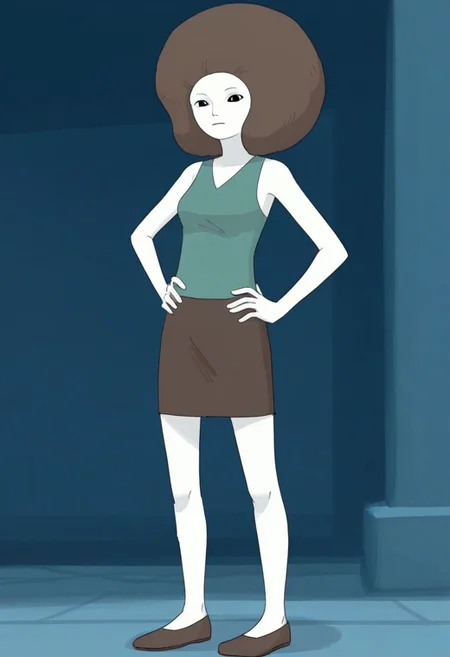 1girl, solo, crystal_peppers, brown afro, white skin, green top, brown miniskirt, brown flats, standing, hands on hips, looking at viewer