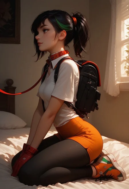 (score_9, score_8_up, score_7_up), 1girl, solo, eyes open, big eyes, cute face, ponytail, black hair, green streak in hair, 18 years old, bangs, petite, small breasts, white shirt, orange tie, backpack, red glove, orange shorts, leggings, sneakers, detailed background, inside, bedroom, vivid colours, looking away,
kneeling on the floor, on knees, collar, ((leashed collar, leash tied to bed)),
(from the side, view from the side),