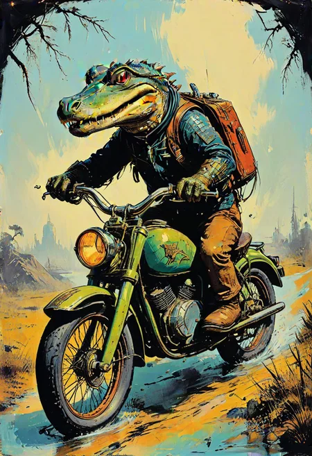 impactful color paint of old book illustration, 1950s retro science fiction gator driving motorbike, muted colors, art by jean baptiste monge, masterpiece  <lora:Bold_Pop:0.6>  highly detailed, vibrant colors , 8k, sharp, professional, clear, high contrast, high saturated, , vivid deep blacks, crystal clear