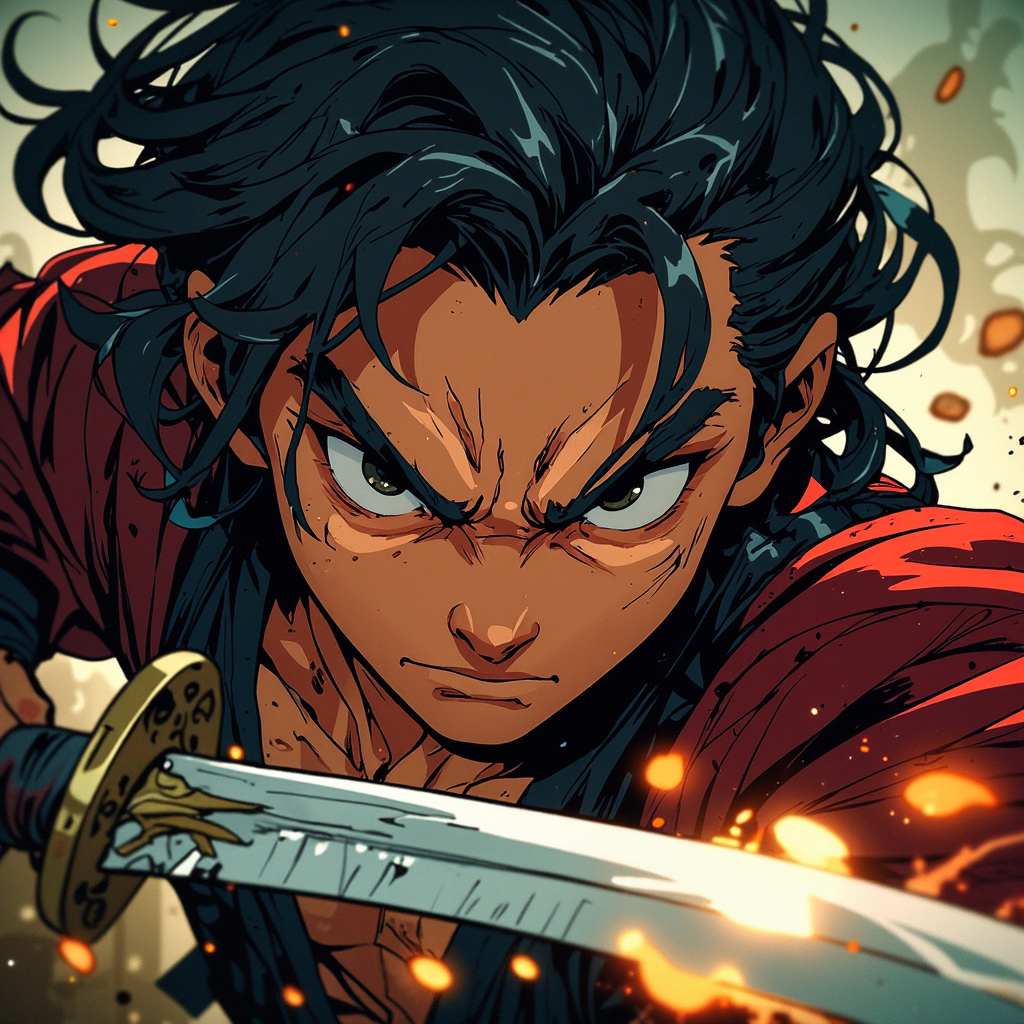 animeniji, AnimeNiji, anime, niji, (off-center composition, close up Portrait), Close-up of a fierce anime warrior, swinging a sword with intense determination, wind blowing through their hair, sparks flying as metal clashes.