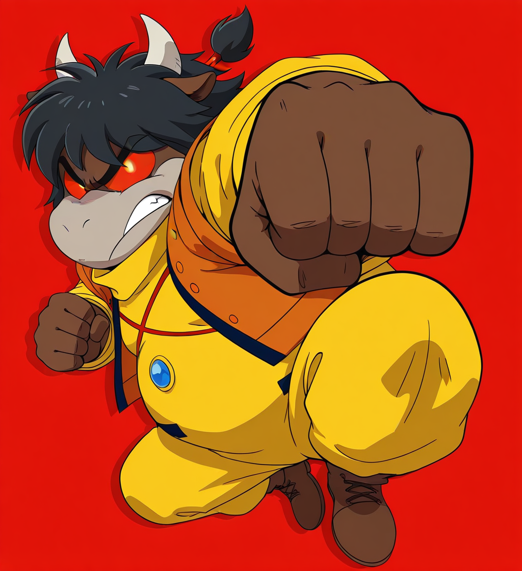 high resolution, best quality, 4k, solo, male, angry, punch, (drop shadow), red background, <lora:Hols_-_Eto_Rangers_IL:1> h0l5, toony, bull, black hair, tied hair, animal ears, horns, brown skin, chubby, red sclera, glowing eyes, yellow jumpsuit, blue button, orange cropped jacket, brown shoes