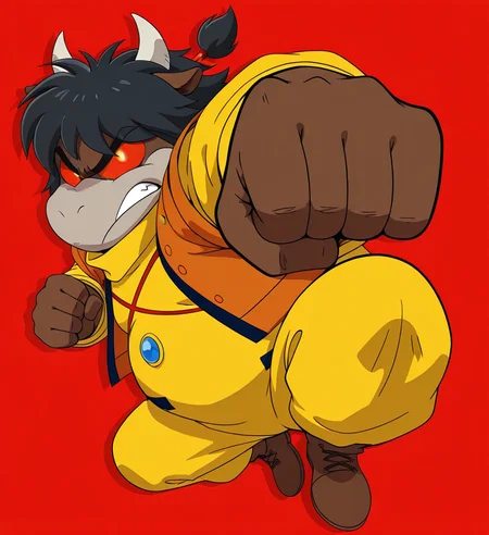 high resolution, best quality, 4k, solo, male, angry, punch, (drop shadow), red background, <lora:Hols_-_Eto_Rangers_IL:1> h0l5, toony, bull, black hair, tied hair, animal ears, horns, brown skin, chubby, red sclera, glowing eyes, yellow jumpsuit, blue button, orange cropped jacket, brown shoes