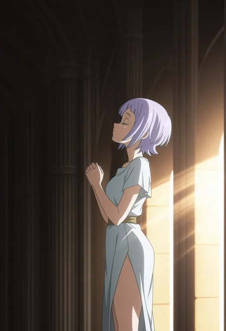 masterpiece,perfect quality,best quality,absolutely eye-catching,absurdres,highres,newest,anime coloring, anime screencap,(1girl,solo), Goll, purple hair, short hair, green eyes, (toga, roman clothes), bare legs, side slit dress, ((eyes closed)), praying, looking up, greek temple, indoors, sunlight, sunrays, beam of light, ((from side, profile))