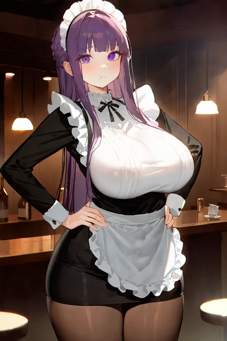 masterpiece, best quality, very aesthetic, ray tracing, newest,(hitenkei, askzy:0.5), 1girl, fern \(sousou no frieren\), solo, maid, maid headdress, maid apron, pout, pantyhose, hands on hips, looking at viewer, cowboy shot, bar \(place\), indoors, depth of field, milf, huge breasts, mature female <lora:quality1:0:hr=1>, <lora:Char-Fern-XL-V1:0.9>