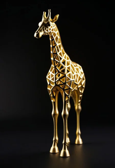 8K analog photo, 3d printed gold giraffe Statue made of Truss Structure, WhiteMold, Walking, dark background, minimalist,