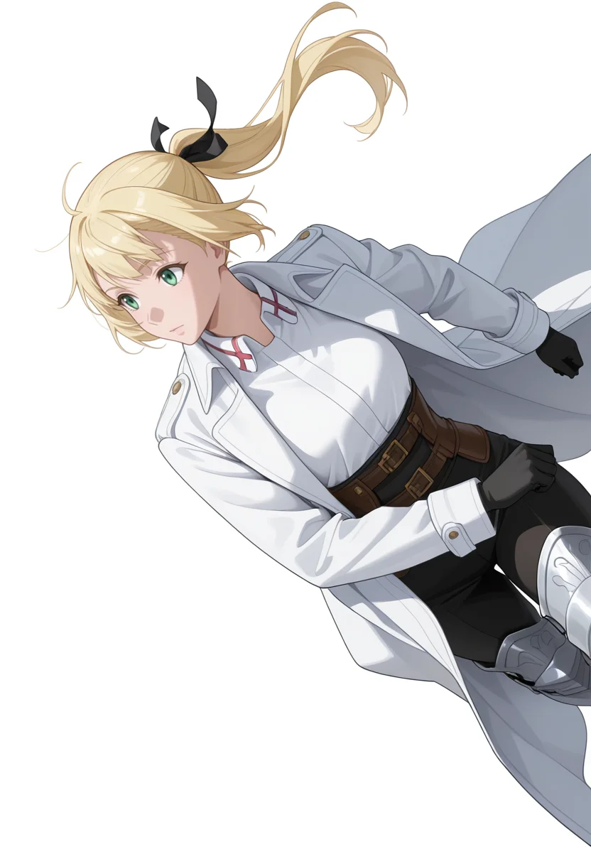 Smooth Quality,masterpiece,very intricate, high quality details, ultra realistic, high detailed skin,detailed enviorement,absurdres,
simple background, white background, 
sideways,walking, arms swinging, relaxed shoulders, looking forward, natural movement,  ,guilt,
 <lora:Rituscnn:0.8> rituscnn, 1girl, blonde hair, green eyes, long hair, ponytail,shirt, white shirt, coat,black gloves, hair ribbon,armored boots,