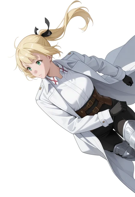 Smooth Quality,masterpiece,very intricate, high quality details, ultra realistic, high detailed skin,detailed enviorement,absurdres,
simple background, white background, 
sideways,walking, arms swinging, relaxed shoulders, looking forward, natural movement,  ,guilt,
 <lora:Rituscnn:0.8> rituscnn, 1girl, blonde hair, green eyes, long hair, ponytail,shirt, white shirt, coat,black gloves, hair ribbon,armored boots,