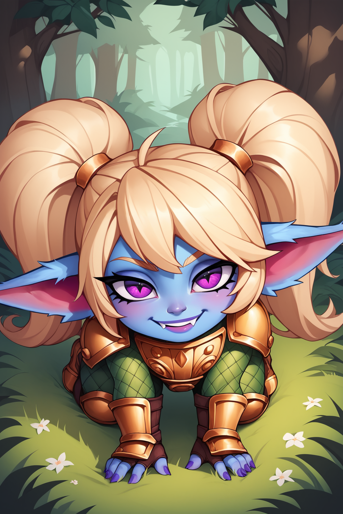 score_9, score_8_up, score_7_up, score_6_up, score_5_up, score_4_up, PoppyLoLXL, yordle, shortstack, purple eyes, blonde hair, twintails, blue skin, colored skin, golden armor,green snakeskin shirt, green snakeskin pants, brown boots, all fours, looking at viewer, seductive smile, forest, tree  <lora:PoppyLoLXL:0.7>