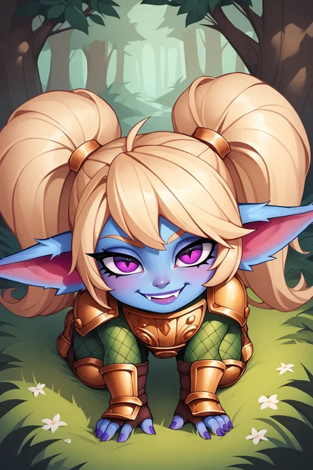 score_9, score_8_up, score_7_up, score_6_up, score_5_up, score_4_up, PoppyLoLXL, yordle, shortstack, purple eyes, blonde hair, twintails, blue skin, colored skin, golden armor,green snakeskin shirt, green snakeskin pants, brown boots, all fours, looking at viewer, seductive smile, forest, tree <lora:PoppyLoLXL:0.7>