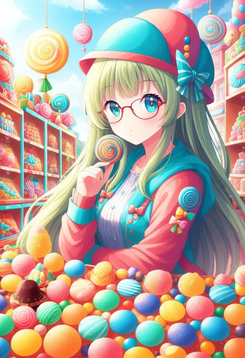 (girl is selling candy), 1girl, candy woman, wearing candy glasses, candy shop, candy hat, f\1.0, candy, <lora:aidmaCandyWorldMorph-MoreArtfull-v0.1:0.8>