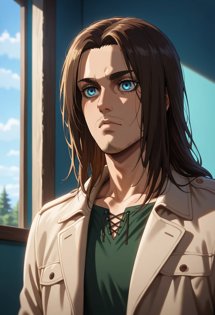 masterpiece, best quality, intricate details, (photorealistic:0.6), , , 1boy, solo, male focus, <lora:eren_yeager_ilxl:0.8>, eren_yeager_s4, brown hair, blue eyes, long hair, facial hair, stubble, , sport coat, tam