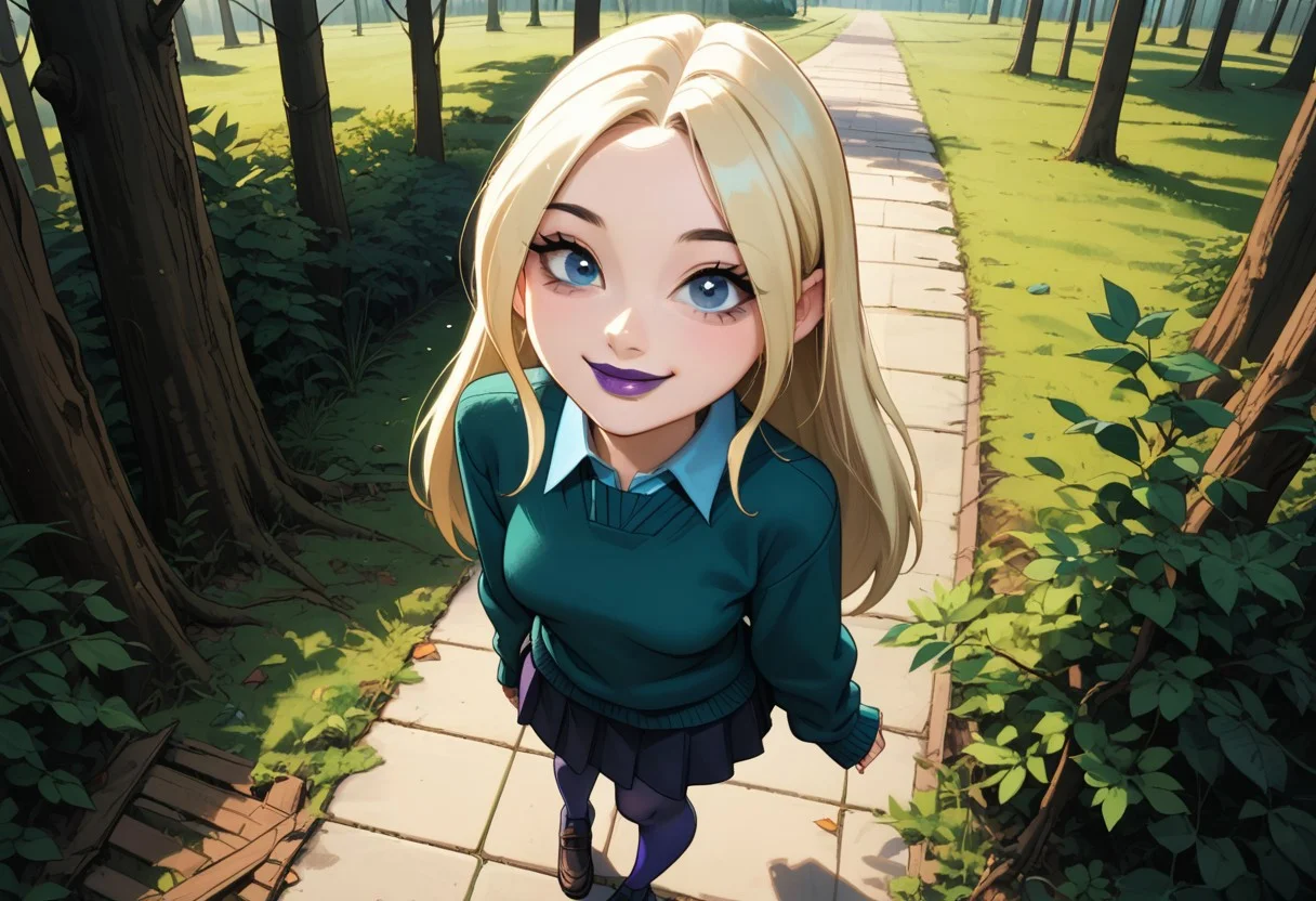 1girl, solo,
total drama, 1girl, light blonde hair, long hair, blue eyes, black eyebrows, purple lips, sweater, cyan under clothing, skirt, pantyhose, shoes, Dawn_(Total_Drama), tdroti, cute,
outside, forest, from above, dynamic angle, looking at viewer, smile,
score_9, score_8_up, score_7_up, source_anime