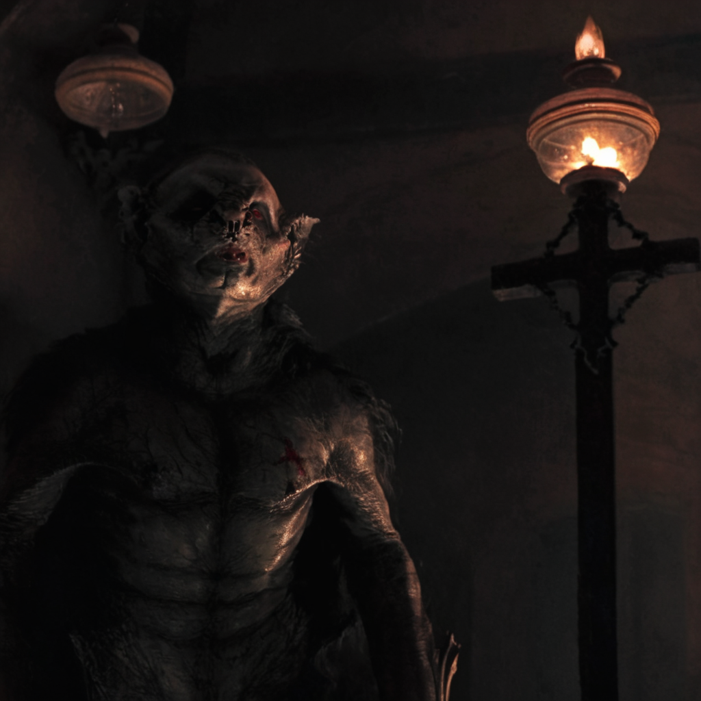 Horror-themed,  <lora:Vampire Bat:1>
Set in 19th-century England and Romania, Vampire Bat a vampire bat staring at a cross in front of camera, solo,1boy,male focus,indoors,cross,lamp,statue , Horror themed, dark themed, Bram Stoker's Dracula 1992 film style, Eerie, unsettling, dark, spooky, suspenseful, grim, highly detailed