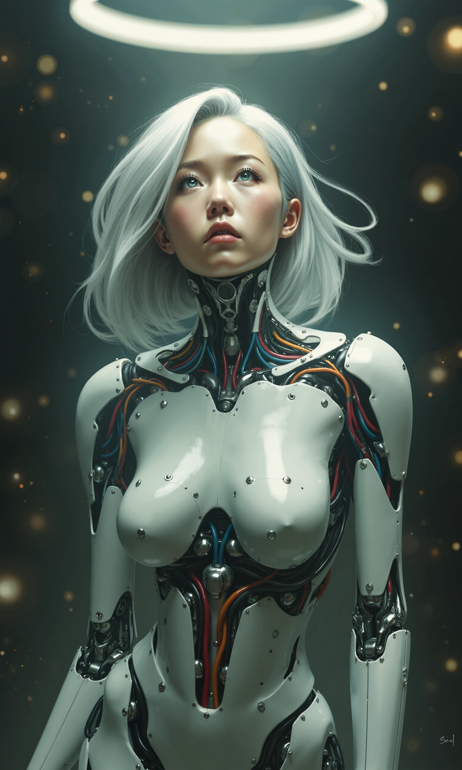 A biomechanical female robot, with East Asian features, pale skin tone, and an intense, upwards gaze, stands amidst a dark, atmospheric, and cinematic backdrop, reminiscent of Ridley Scott's visual style. Soft, natural, and dark lighting, with a spotlight above, illuminates her white, metallic body, and silver eyes, accentuating her dramatic beauty. Metallic white hair falls around her, blending into the shadows. A missing panel on her cheek reveals multi-colored, exposed wiring. Shallow depth of field, film grain, and bokeh create a dynamic, cinematic atmosphere, with a subtle, 35mm film texture and warm, golden color grading. The painting is in the style of umesky<lora:ume_sky_v2.safetensors:0.8:0.8>