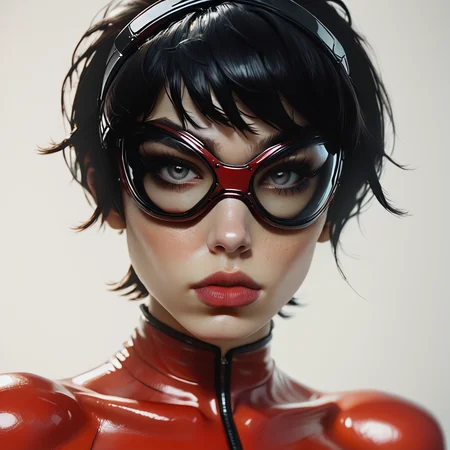 Score_9, score_8_up, score_7_up, score_6_up,BREAK <lora:2020s_Sci-Fi_MoviePony:1> ArsMovieStill, Movie still from a 2020s Sci-Fi movie, The image shows a woman in a black and red latex outfit and goggles with a white background. Her face is clearly visible with her eyes looking directly at the viewer., 1girl, solo, lips, realistic, black hair, short hair, portrait, goggles, looking at viewer, nose