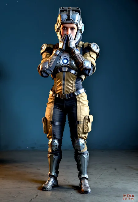 badass Corpus, corpus crewman, Tan and black corpus suit, corpus tileset, 1boy, wearing cirpus crewman outfit, wearing corpus crewman helmet, helmet covering face, face fully covered, holding gun, holding dera rifle, Dera, corpus gun, gun, dera rifle, dera gun,
(Corpus helmet, wearing helmet, wearing corpus helmet), , (dark shot:1.17), ((epic)) realistic, faded, , art, (hdr:1.5), (muted colors:1.2), hyperdetailed, (artstation:1.5), cinematic, warm lights, dramatic light, (intricate details:1.1), complex background, (rutkowski:0.8),((full body:1.9)), by Blizzard entertainment, big armor, l, wearing corpus helmet, low light, facing camera, lot of details, detailed armor, half side portrait, on corpus tileset, (night time),
