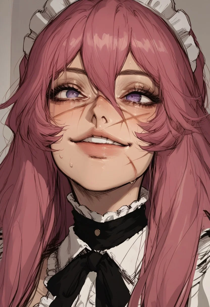 score_9, score_8_up, score_7_up, extremely detailed, sharp focus, HD, cute face, 1girl, face scars, sketch, pink hair, solo, thick body, breasts, very soft breasts, skindentation, Straight Hair, Long Hair, inside, black choker, seductive, alluring, sweating, very sweaty, Front View, abs, portrait, face focus, smile, sadistic smile, blood on face, perfect teeth, purple eyes, hair between eyes, maid outfit,