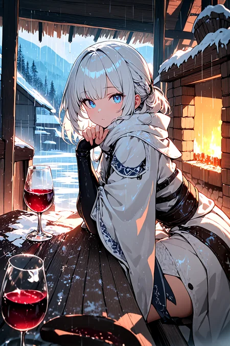1girl, white hair, blue eyes, winter, sitting, looking at viewer, table, wine, hut, inside, fireplace, window, rain, masterpiece, high score, great score, absurdres