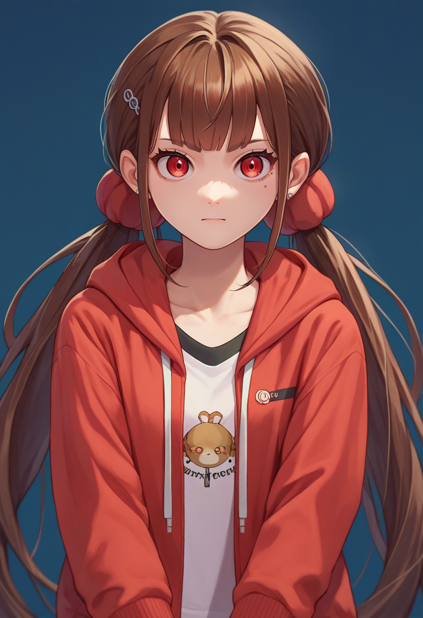 score_9, score_8_up, score_7_up, source_anime, Harumaki, 1girl, low twintails, red eyes, brown hair, mole under eye, hairclip,  hoodie, <lora:MakiPDXLCAME-000013:1>