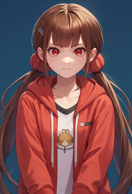 score_9, score_8_up, score_7_up, source_anime, Harumaki, 1girl, low twintails, red eyes, brown hair, mole under eye, hairclip, hoodie, <lora:MakiPDXLCAME-000013:1>
