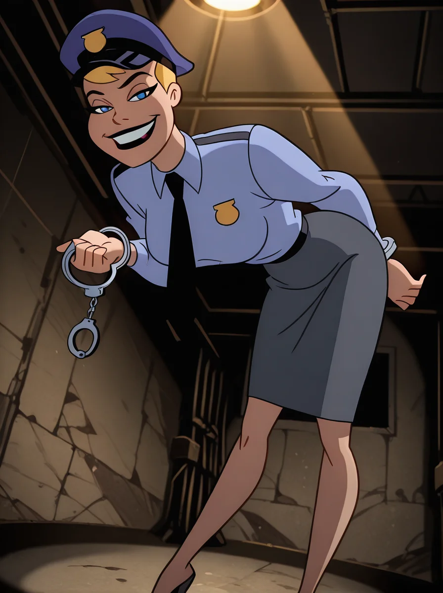 <lora:Harley_Quinn_-_Batman_Animated_Illustrious_v1:0.9>, h4rl3yqu1nn, <lora:dcau234-illu3_r1:0.5>, <lora:RealisticAnimeIXL:0.6>, 1girl, police uniform, police hat, grey skirt, high heels, black necktie, blonde hair, short hair, blue eyes, large breasts, looking at viewer, from below, leaning forward, holding handcuffs, sly smile, teeth, dramatic lighting, spotlight, dutch angle, interior